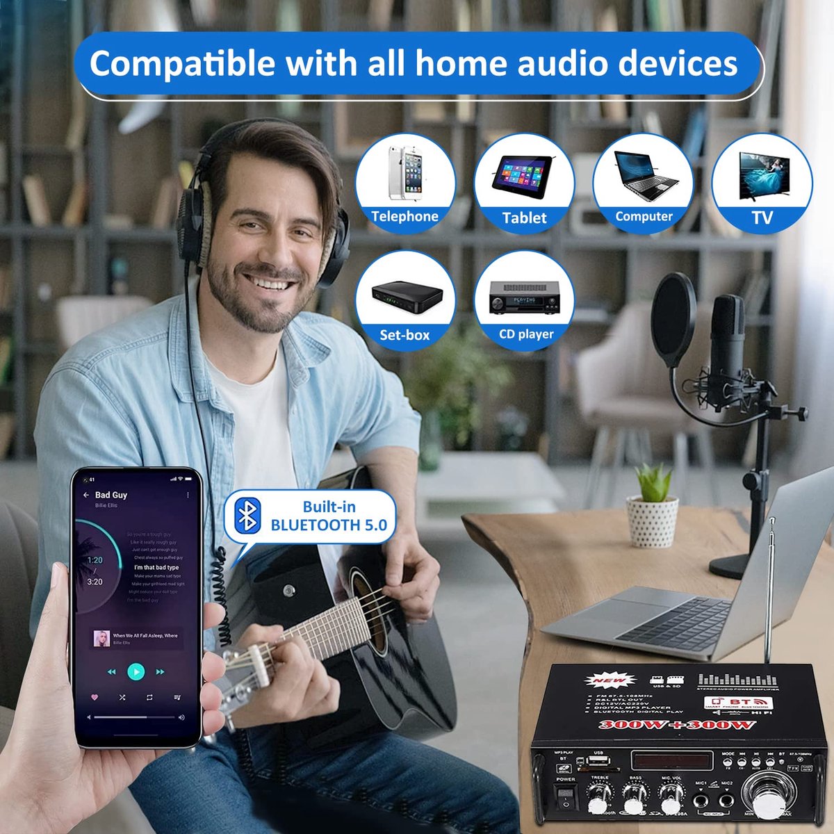Mini-versterker - HiFi-versterker - Bluetooth 5.0-stereo - 12V/240V - 600W - Dual Channel - LCD-scherm - Draagbare FM-radio met Hoge Resolutie - SD/USB-kaartingang - voor Gebruik Thuis of in de Auto – foto 4