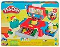 De doos van de Play-Doh kassa met speelgoedkassa, accessoires en 4 potjes Play-Doh in verschillende kleuren.