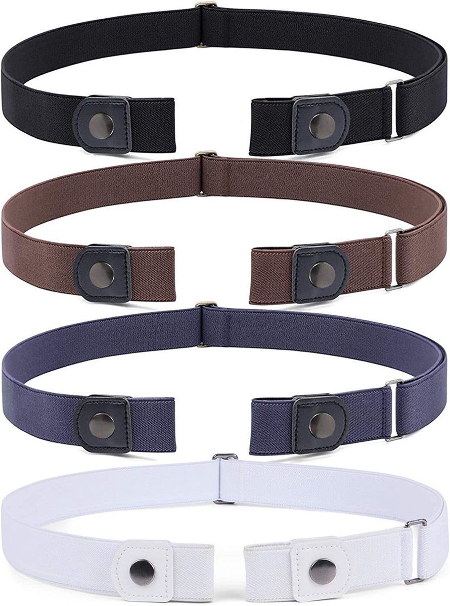 Ynkkvre -4 Stuks Gespvrije & Elastische Riem voor Dames & Heren – Zwart + Wit + Bruin + Donkerblauw