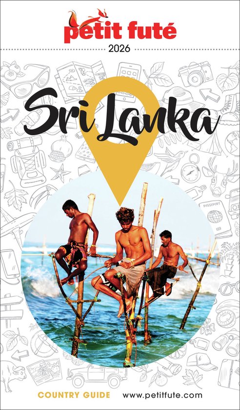 Guide 'Sri Lanka 2026' avec des pêcheurs sur échasses dans la mer, carte et illustrations de voyage.