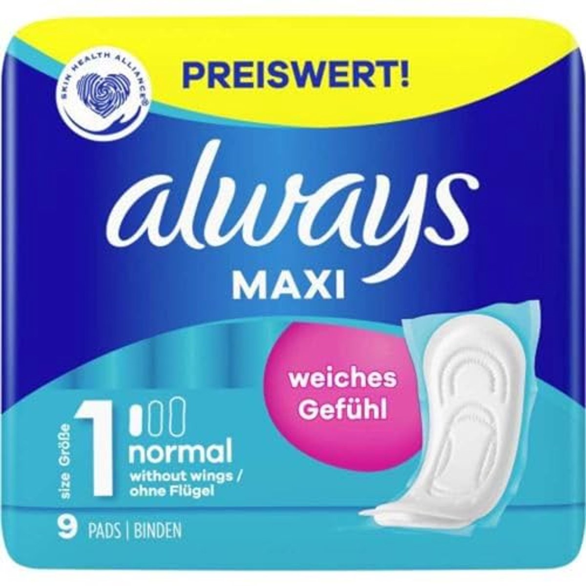 Maxi maandverband dames, normaal (9 stuks) - zacht, super absorberend en geurneutraliserend met lekbescherming