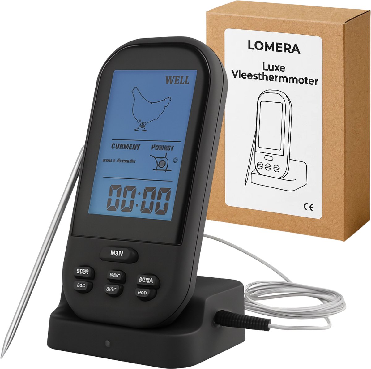 Lomera Digitale Vleesthermometer - Draadloze Vleesthermometer - Oventhermometer - Kerntemperatuur Vlees - Draadloze Ontvanger - Thermometer Met Timer - Led Achtergrondverlichting - Rvs Sonde - Temperatuurweergave Celsius — cadeau in Kookcadeaus - foto 4