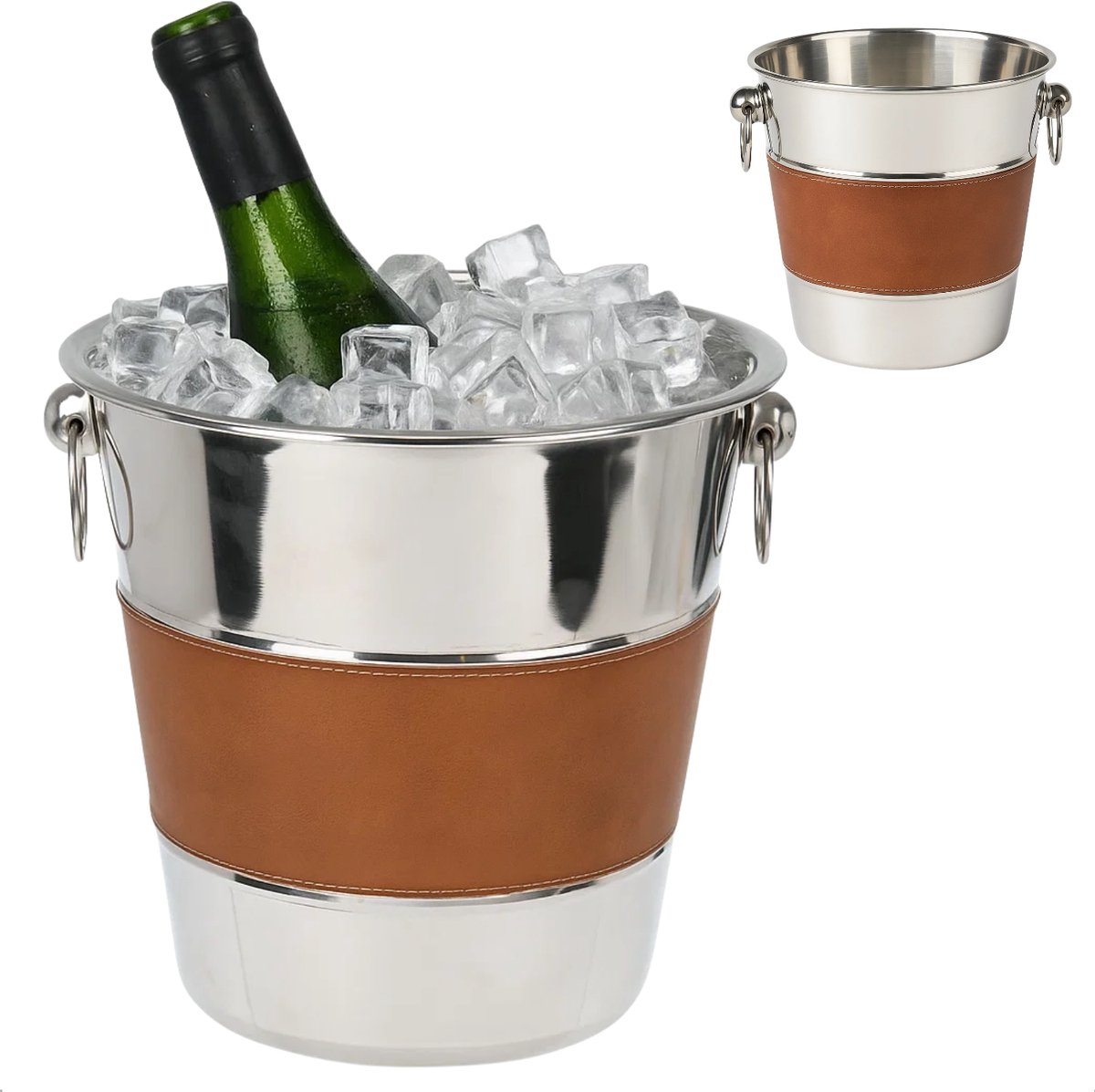 Lomera Champagnekoeler Rvs - Wijnkoeler - Ijsemmer - Modern Design - Wijnemmer - Flessenkoeler - Geschikt Voor Wijn - Geschikt Voor Champagne - Bruine Band - Lichtgewicht - Water Of Ijs Vullen - Wijnkoeler - Wijn Koeler