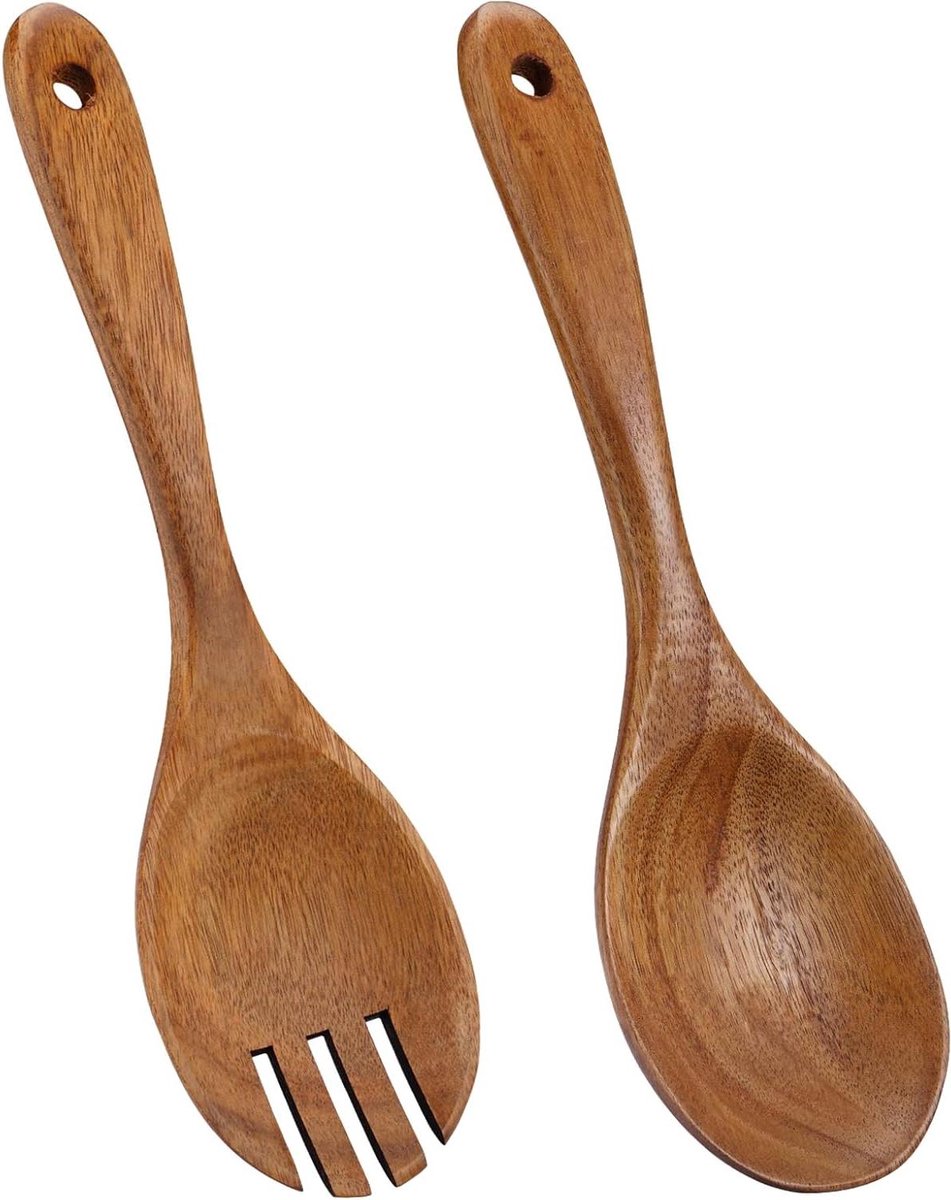 Allecta - Slabestek Set van 2 Stuks Houten Kooklepelset - Keukenhulp - Vaatwasmachinebestendig - Slavork en Slalepel - Besteksset voor Salade en Fruit
