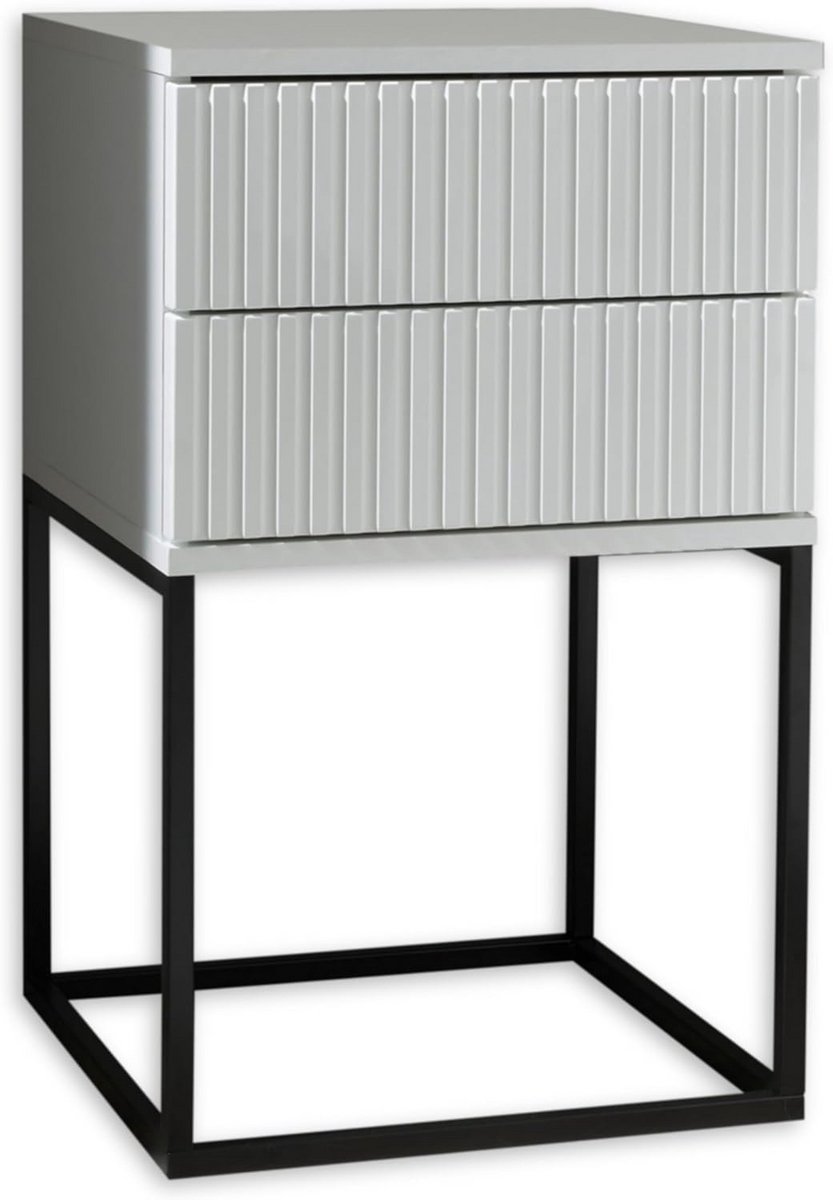 Modern wit nachtkastje met zwarte metalen frame en opbergladen - 40 x 65 x 38,5 cm