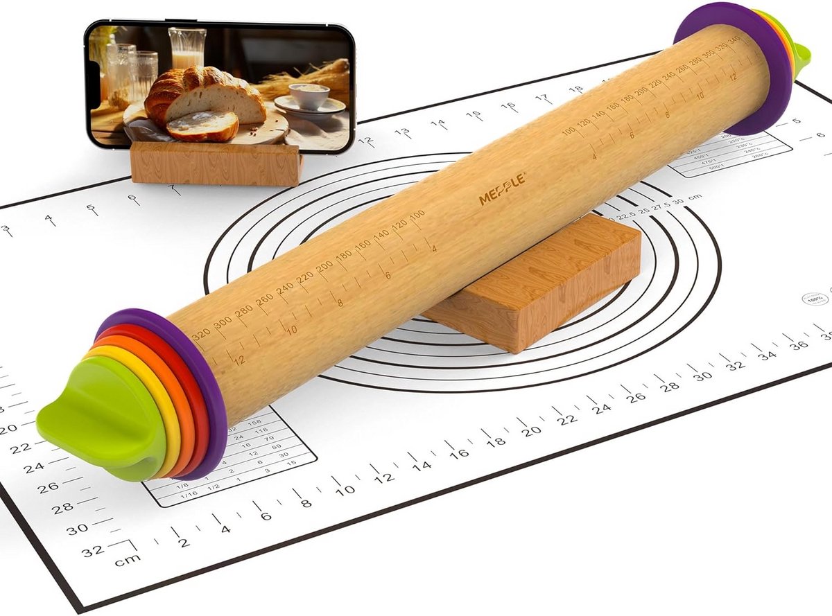 Verstelbare Houten Deegroller met Dikte Ringen en Siliconen Bakmat