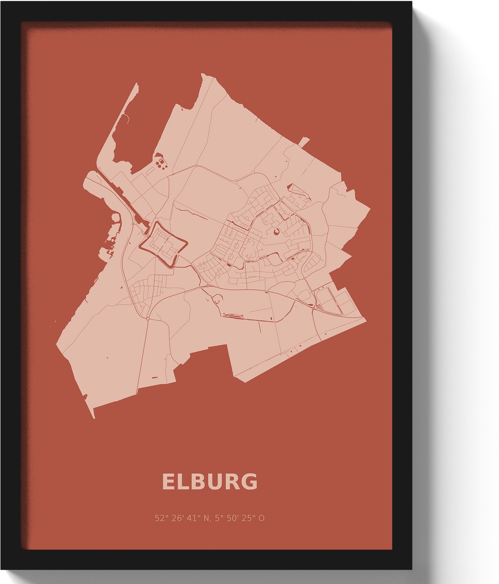 Poster Elburg A2 - 42 x 59,4 cm - Rood Inclusief lijst (Zwart MDF)