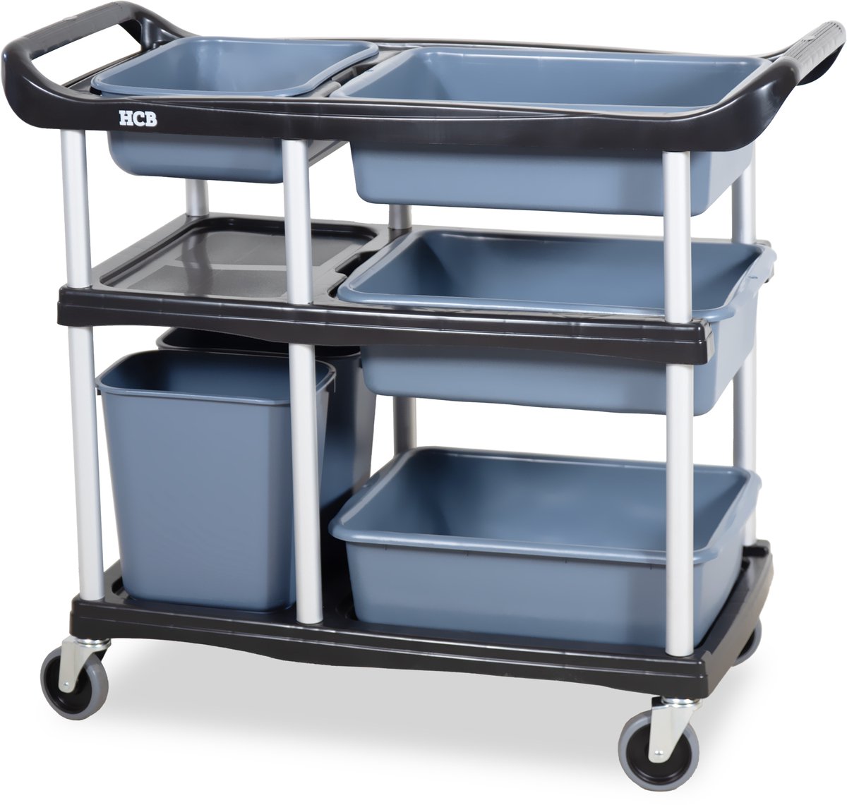 HCB® - Professionele Horeca Afruimwagen op wieltjes - 3 lagen - bakken - kunststof serveerwagen - keukentrolley industrieel - 46x104x91 cm (DxBxH) - 15 kg - 1406