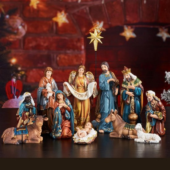 BRUBAKER Kerststalbeeldje Heilige Familie - Jezus, Maria en Jozef - 25 cm Kerststalbeeldje met Handgeschilderde Figuren - Kerststal Kerstdecoratie - Tafeldecoratie van Polyresin