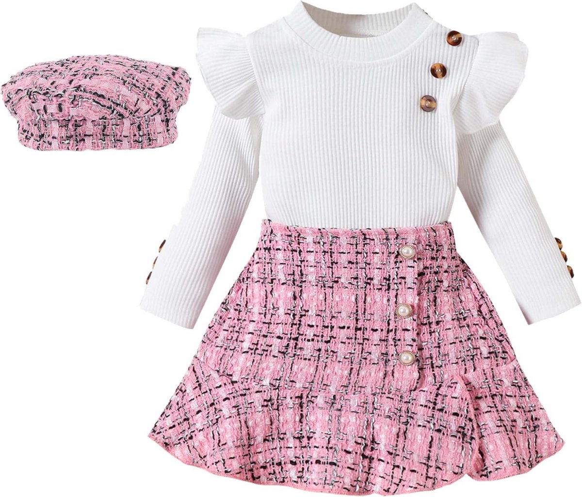 Meisjeskleding Set 3-Delig Lange Mouwen Rok en Muts voor Herfst Winter