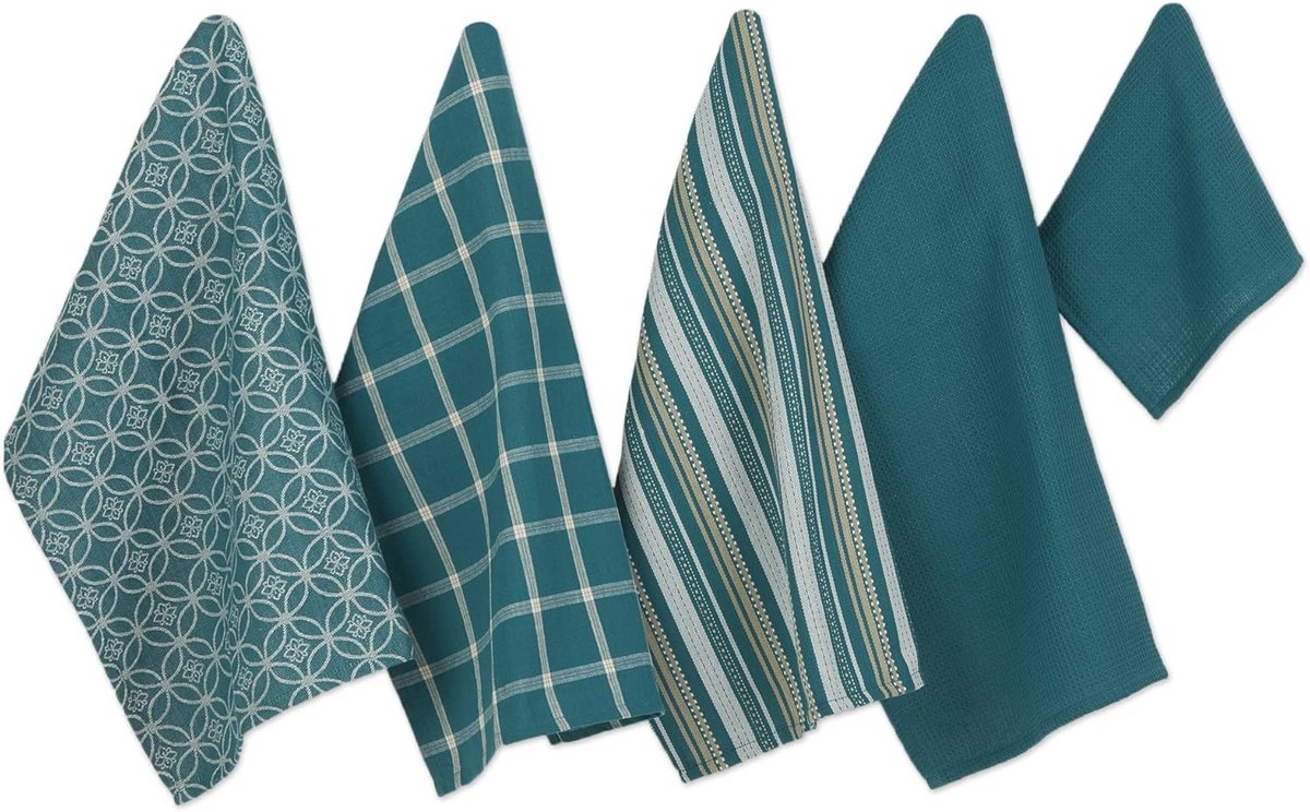 Set van 5 geweven keukendoeken in blauwgroen - 45,7 x 71,1 cm en theedoek 33 x 33 cm