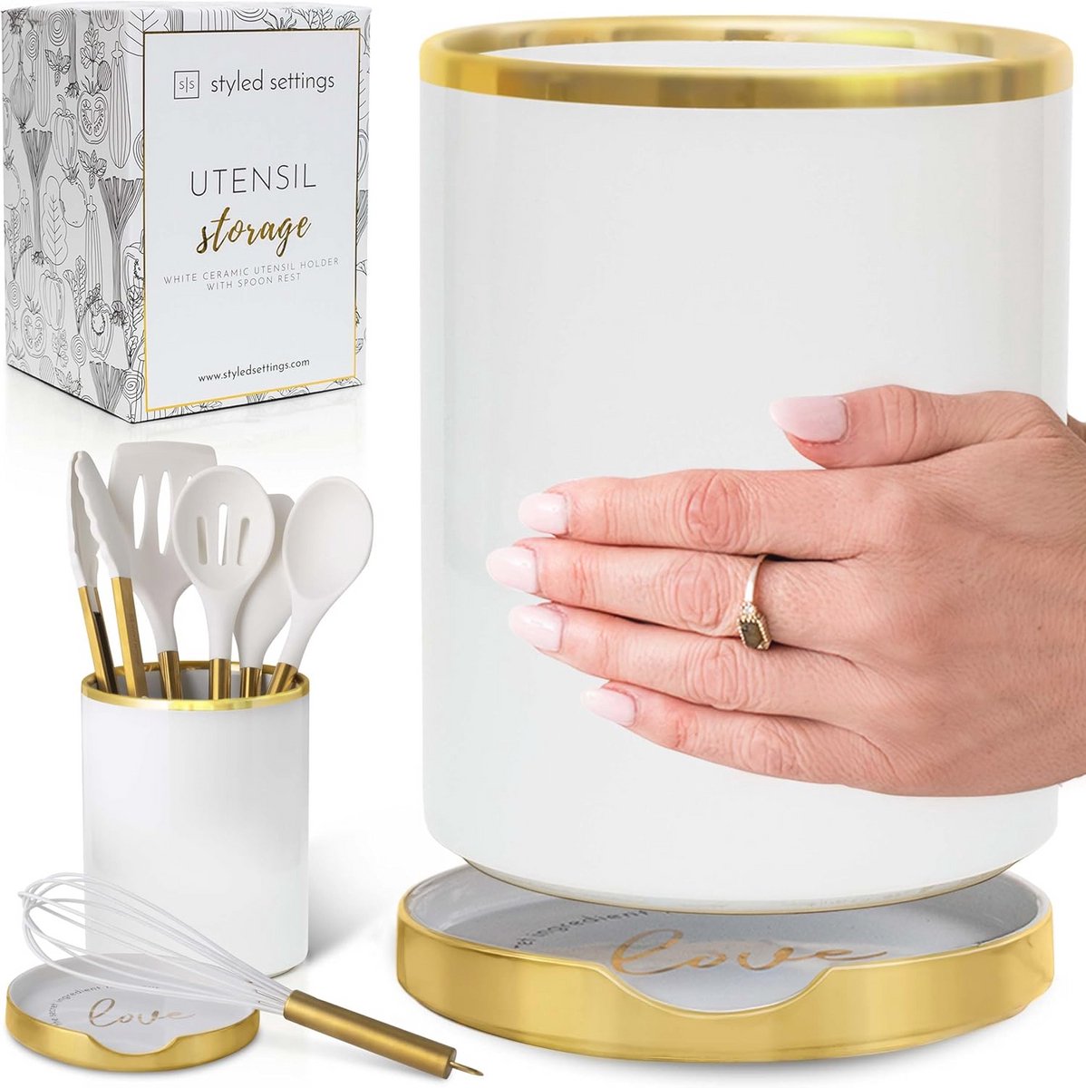 Luxe gebruiksvoorwerpenhouder met lepelsteun - 2 stuks keramische keukenaccessoires