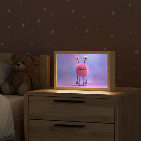 Nachtlampje 30x20 cm - Kinder lampje - Monster - Roze - Paars - Tafellamp kinderkamer - Slaapkamer lamp - Bedlamp kinderen - Kinderlampje stopcontact - Wandlamp babykamer - Nachtlampjes van Merkloos — afbeelding 2