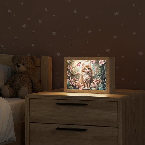 Nachtlampje 20x15 cm - Kinder lamp - Kat - Bloemen - Vlinders - Roze - Tafellamp kinderkamer - Slaapkamer lamp - Bedlamp kinderen - Kinderlampje stopcontact - Wandlamp babykamer - Nachtlampjes van Merkloos — afbeelding 2