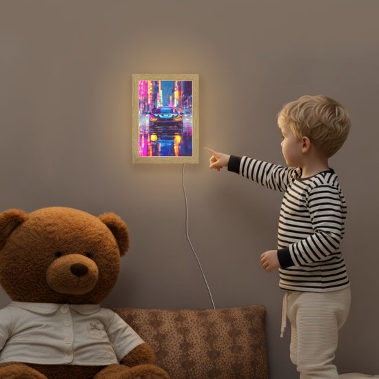 Nachtlampje 15x20 cm - Kinder lampje - Auto - Politie - Stad - Jongens - Kleurrijk - Tafellamp kinderkamer - Slaapkamer lamp - Bedlamp kinderen - Kinderlampje stopcontact - Wandlamp babykamer - Nachtlampjes van Merkloos — afbeelding 5