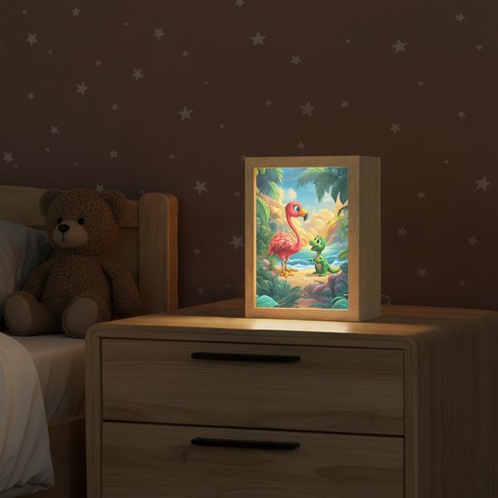 Nachtlampje 15x20 cm - Kinder lampje - Flamingo - Dinosaurus - Strand - Kleurrijk - Tafellamp kinderkamer - Slaapkamer lamp - Bedlamp kinderen - Kinderlampje stopcontact - Wandlamp babykamer - Nachtlampjes van OnlyWow — afbeelding 2