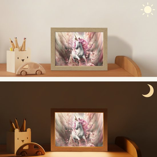 Nachtlampje 20x15 cm - Kinder lampje - Eenhoorn - Meisje - Roze - Bloemen - Sprookje - Tafellamp kinderkamer - Slaapkamer lamp - Bedlamp kinderen - Kinderlampje stopcontact - Wandlamp babykamer - Nachtlampjes van Merkloos — afbeelding 4