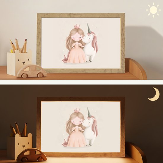 Nachtlampje 30x20 cm - Kinder lampje - Prinses - Eenhoorn - Pastel - Tafellamp kinderkamer - Slaapkamer lamp - Bedlamp kinderen - Kinderlampje stopcontact - Wandlamp babykamer - Nachtlampjes van OnlyWow — afbeelding 4