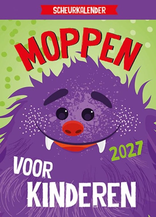 Scheurkalender 2027 Moppen voor kinderen met een paarse, harige monsterkop