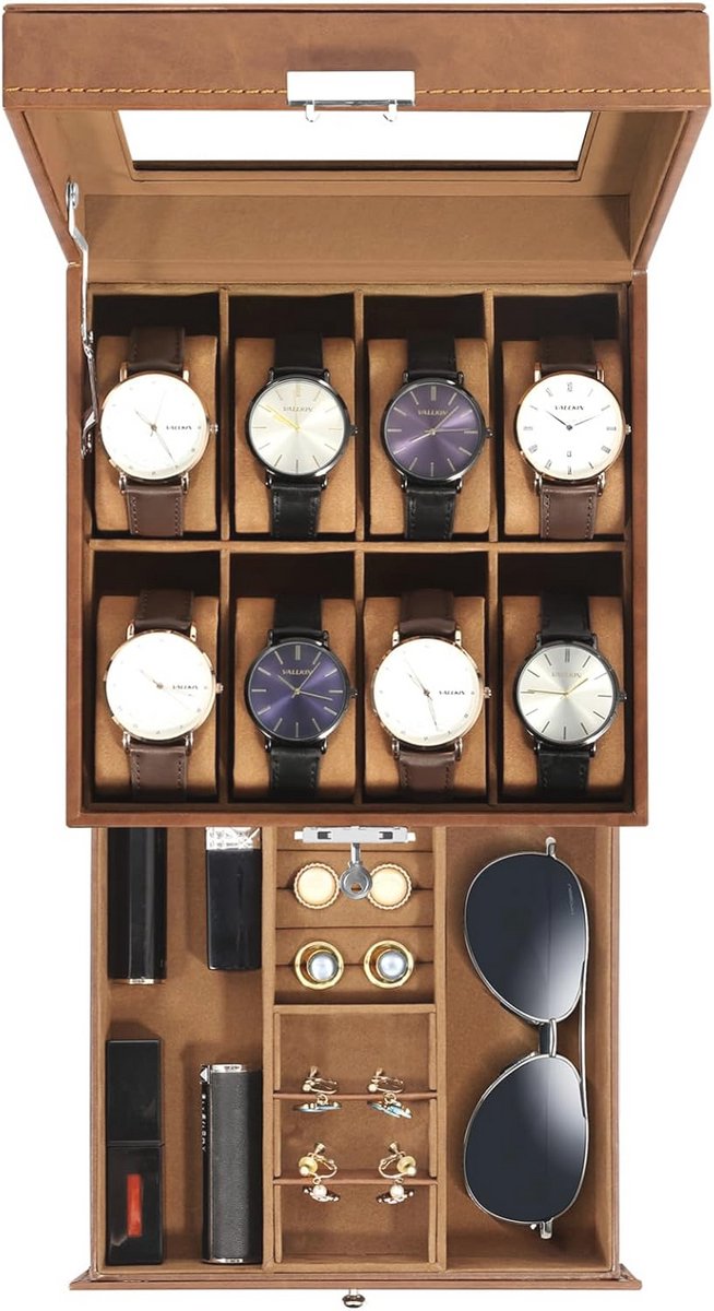 Horlogedoos met 8 Compartimenten - 2 Laags met Sleutelslot en Glazen Deksel - Elegante Houten Horlogeopberger voor Dames en Heren