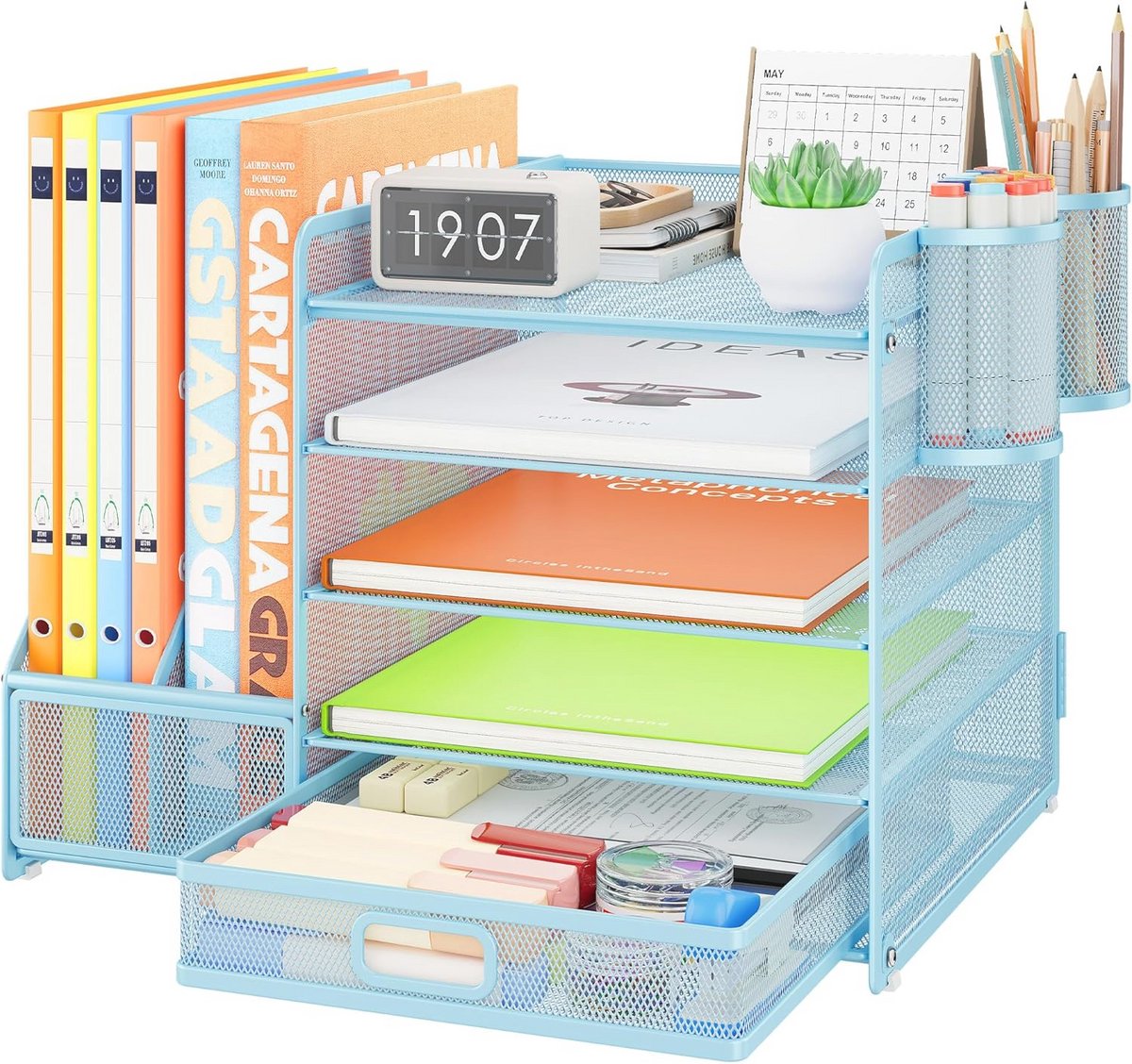 Bureau-organizer met archiefkast en pennenhouders, 5 verdiepingen, multifunctioneel, roze
