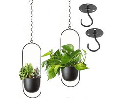 Metalen hangende bloempot, hangende decoratieve pot, metaal, zwarte bolo, bloemenhanger, plafond, hangende bloempot voor kamerplanten, vetplanten, luchtplanten (zwart, 2 stuks)