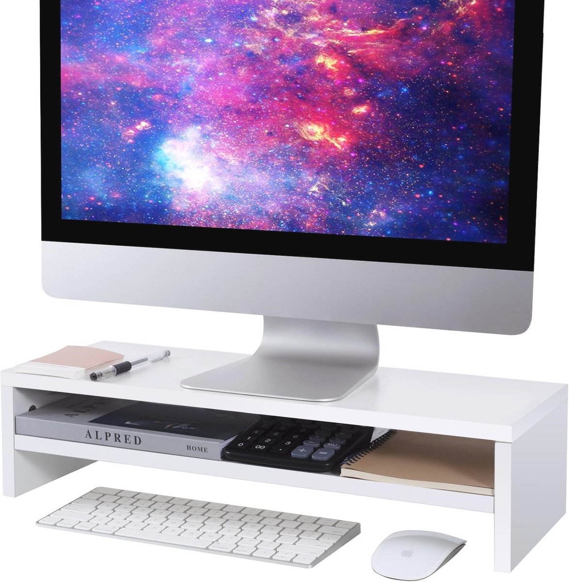 Monitor Stand Riser Wit - Bureau Plank met Opslag voor Desktop, Laptop, TV en Printer - Organizer voor Kantoor