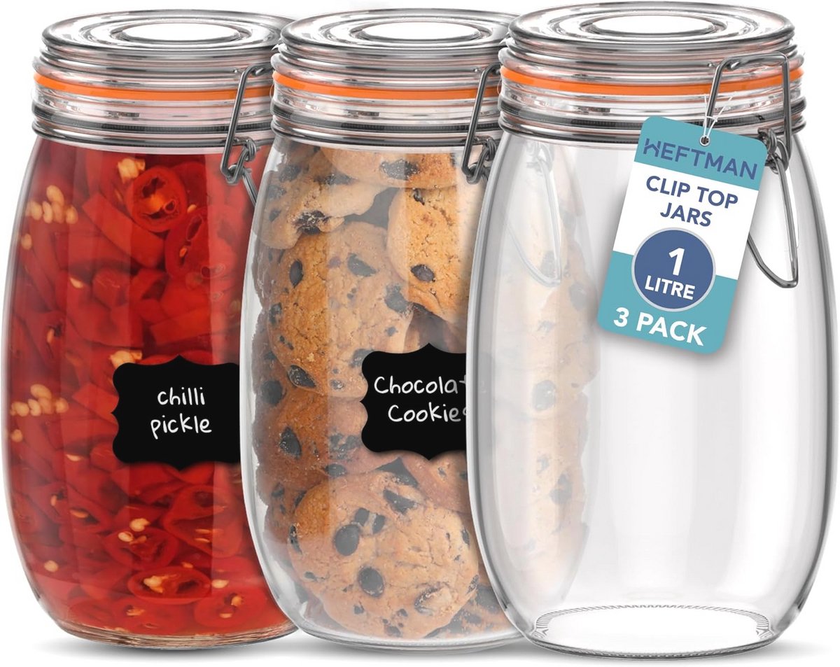 Luchtdichte glazen voorraadpotten set van 3 - 1 liter - Ideaal voor kruiden, pasta en meer