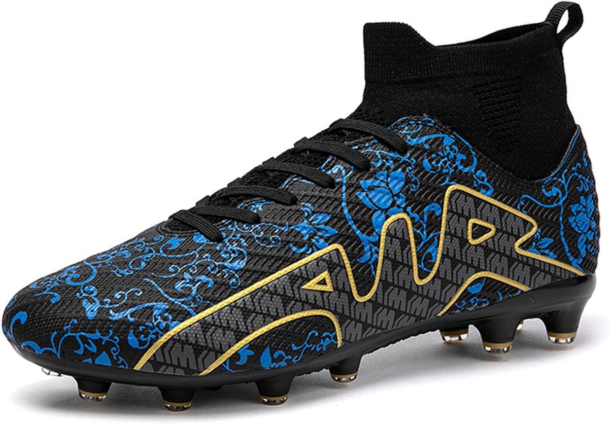 Professionele high-top voetbalschoenen voor heren in zwart met blauwe en gouden details, ideaal voor competitie en training.