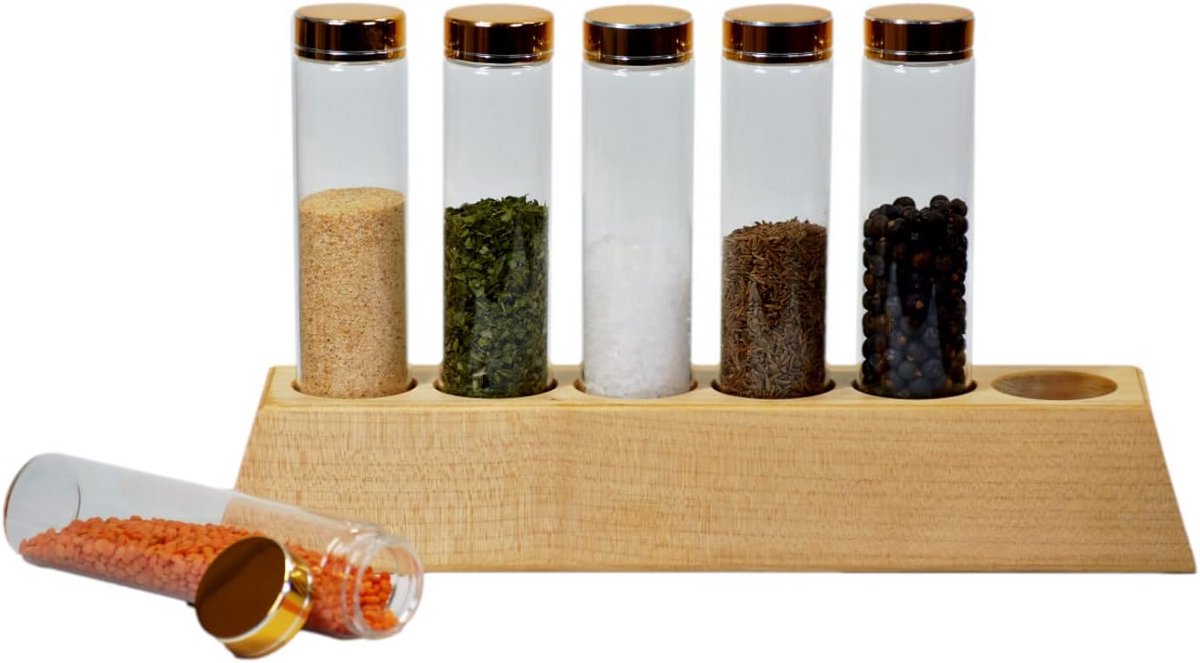 Houten Kruidenrek met 6 Glazen Potjes van 100 ml, Keukenopslag
