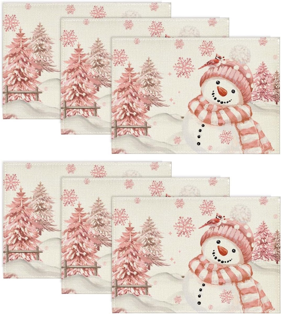 Set van 6 Wasbare Placemats met Roze Sneeuwpop voor Winter en Feestdagen