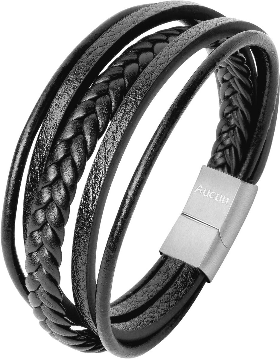 Verstelbare leren herenarmband met brede wikkel en magneetsluiting