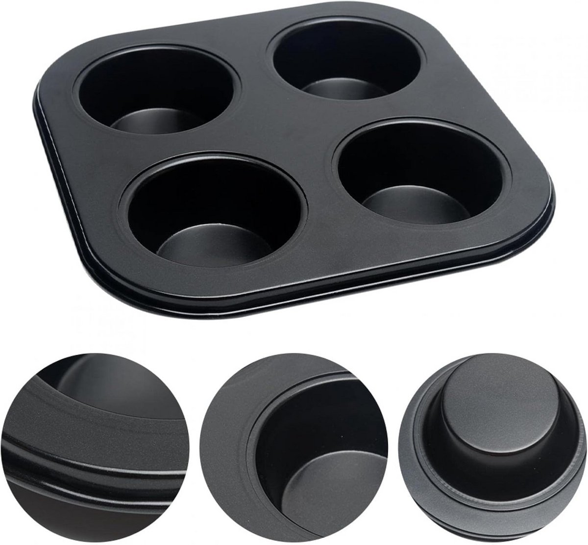 Bakvorm voor 4 Muffins en Cupcakes - Non-Stick Koolstofstaal Bakplaat - Zwart