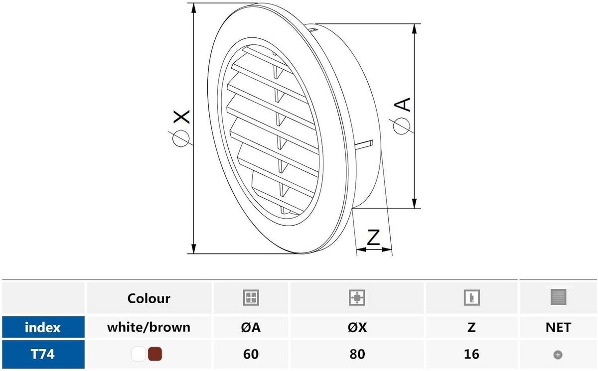 Ventilatierooster Rond 60 mm Bruin met Insectennet voor Ventilatie