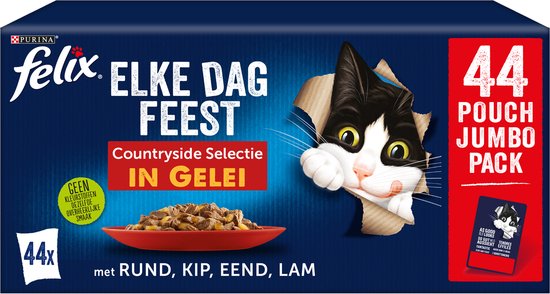 Felix kattenvoer "Elke Dag Feest" 44 pouches jumbo pack met zwarte en witte kat die uit de doos kijkt.