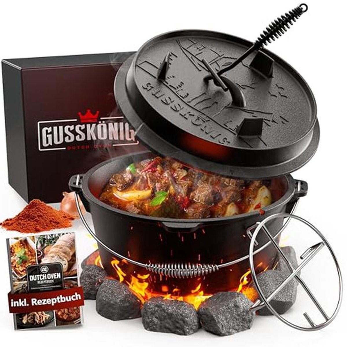 Dutch Oven Set 4L - Vuurpan met Deksellifter en Roestvrijstalen Onderzetter