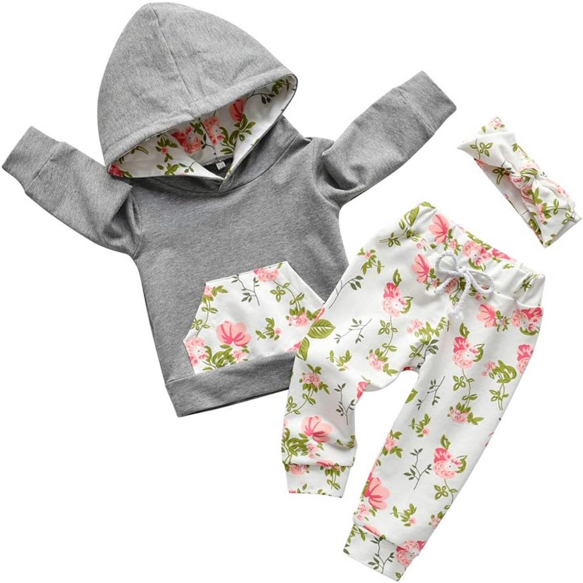 Schattige Meisjes Set: Hoodie met Bloemenprint, Lange Mouwen, Comfortabele Broek en Hoofdband (0-24 Maanden)