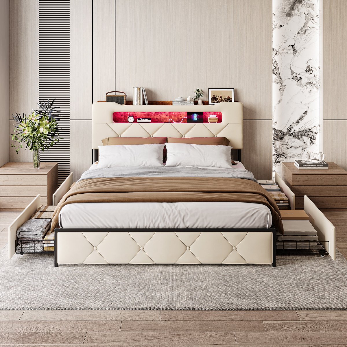 ROSAHQNDA Gestoffeerd bed 140 x 190 cm met ledverlichting en oplaadstation, bedframe met 4 lades voor opbergruimte, slaapkamerbed 140 x 190 cm, lattenbodem, fluwelen stof, beige, zonder matras (verzending in 2 pakketten)