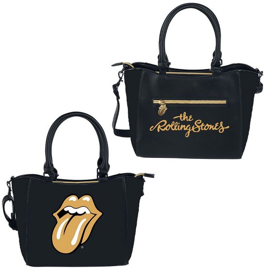Zwarte handtas met het gouden Rolling Stones logo op de voorkant en goudkleurige ritsen.