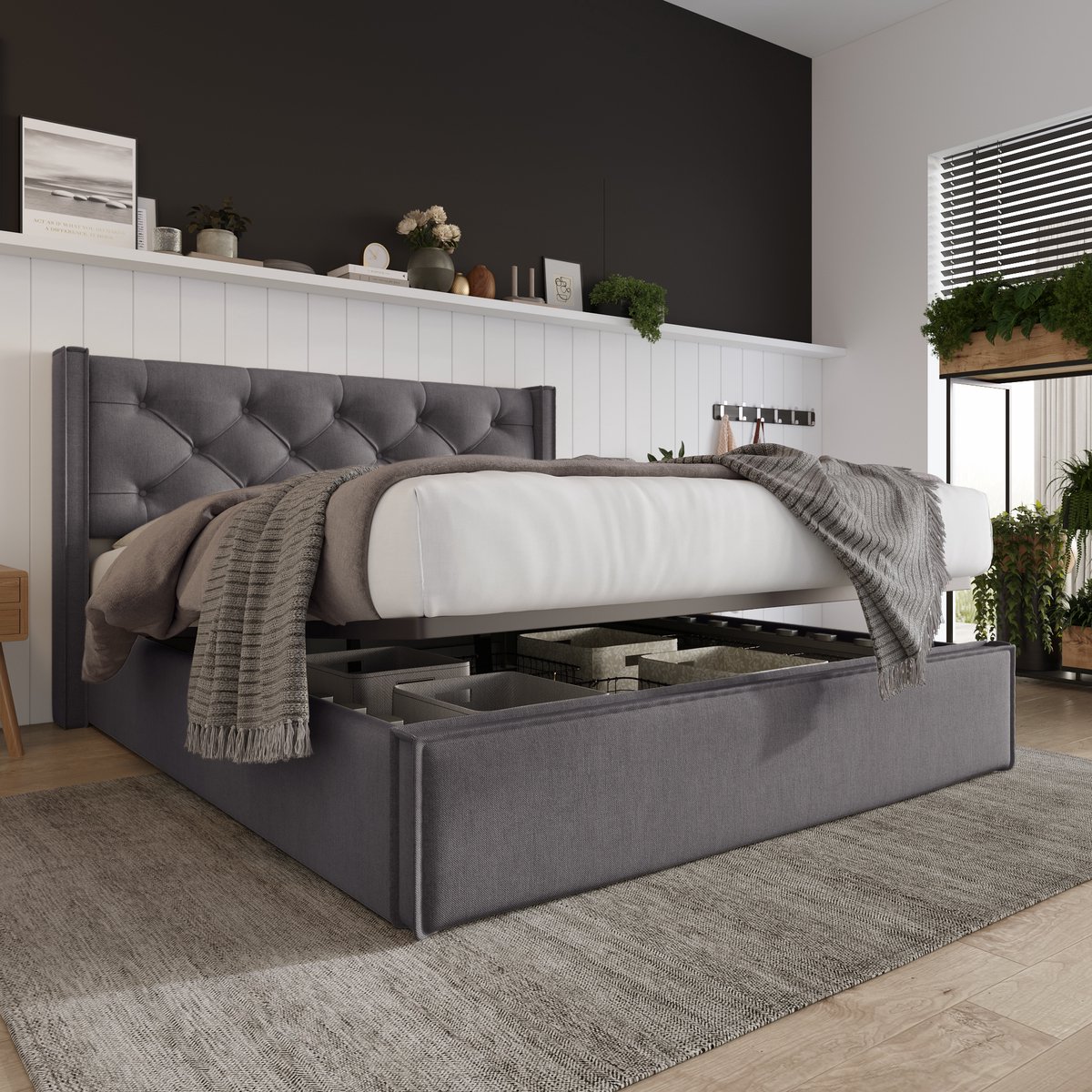 HAUSS SPOLE Gestoffeerd Bed 140x200cm - Hydraulisch Opbergbed met Getuft Hoofdeinde - met Vurenhouten Latten - Katoen Bekleding - zonder matras - Grijs