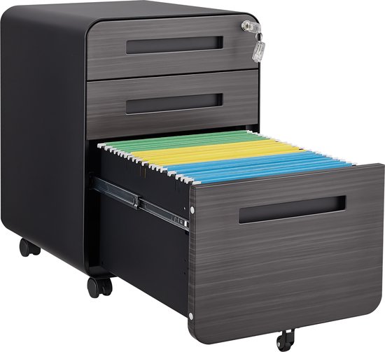 Ladeblok met een open lade, gevuld met blauwe, gele en groene ordners.