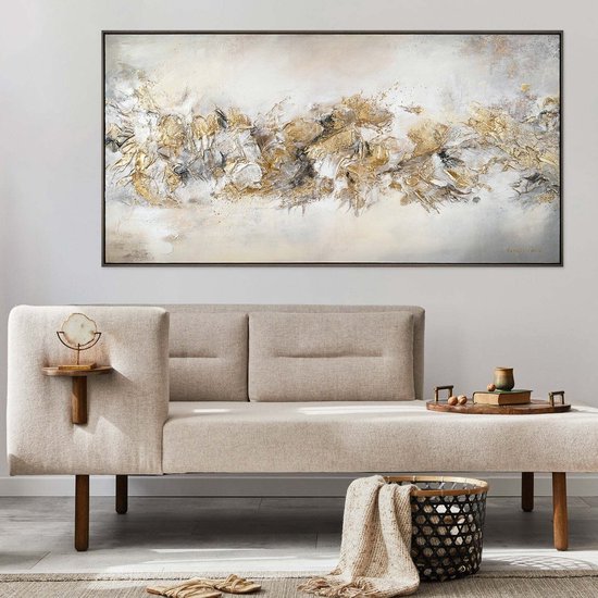 YS Tableau - Tableau sur toile peint à la main 100x50 cm - Décoration murale Abstrait - Goud - Art - Décoration murale salon - Décoration chambre à coucher - Accessoires de chambre - Tableaux abstraits sur toile - tableau sur toile - Met cadre gris
