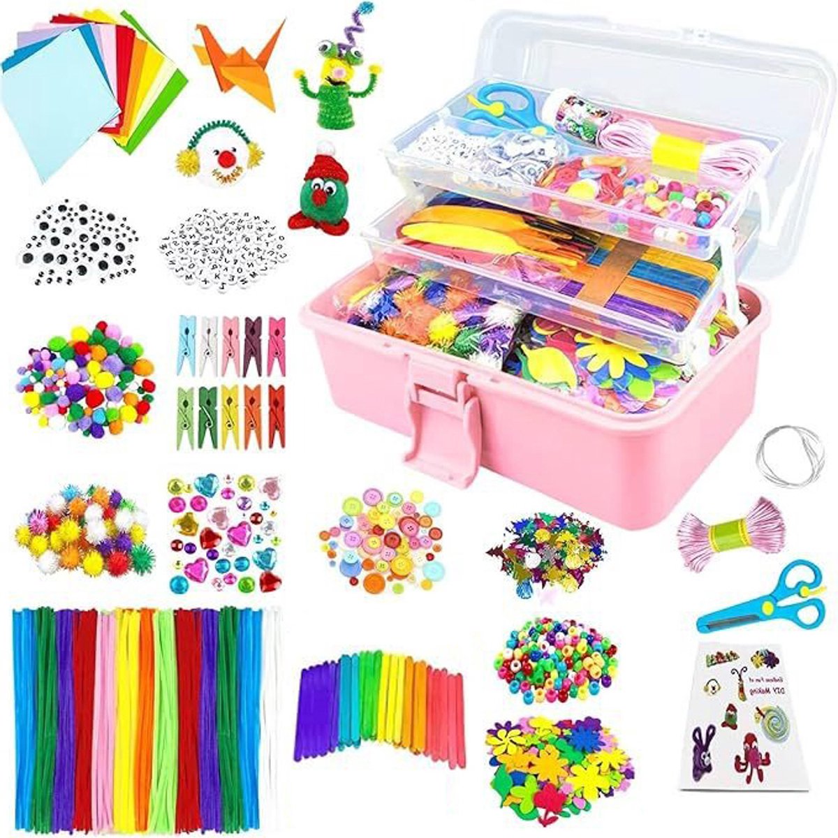 1000+ Delige DIY Knutselset voor Kinderen - Creatieve Knutselbox met Pompons, Chenilledraad, Houten Stokjes & Knutselpapier - Educatief Speelgoed - Inclusief Opbergbox - Roze