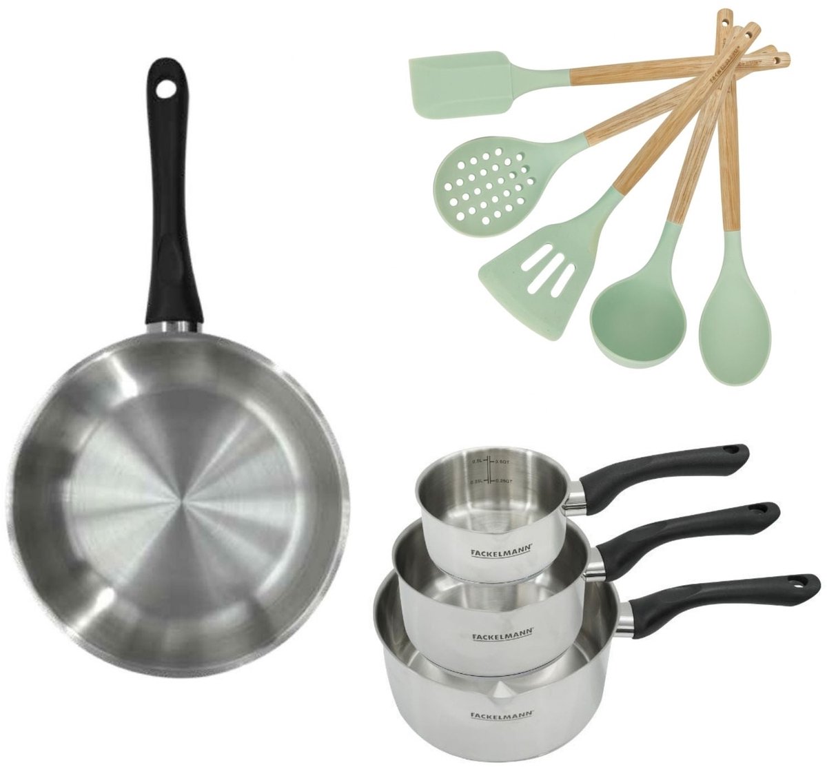 Set Koekenpan 28cm en 3 Kookpannen 12/16/20cm Fackelmann Genève met 5 keukengerei