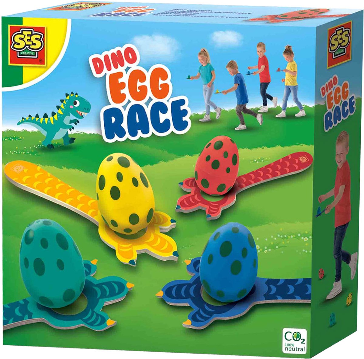SES - Dino eierloop - set met 4 eieren 4 dino lepels en 4 dino fiches - buiten spelen - met handige bewaartas