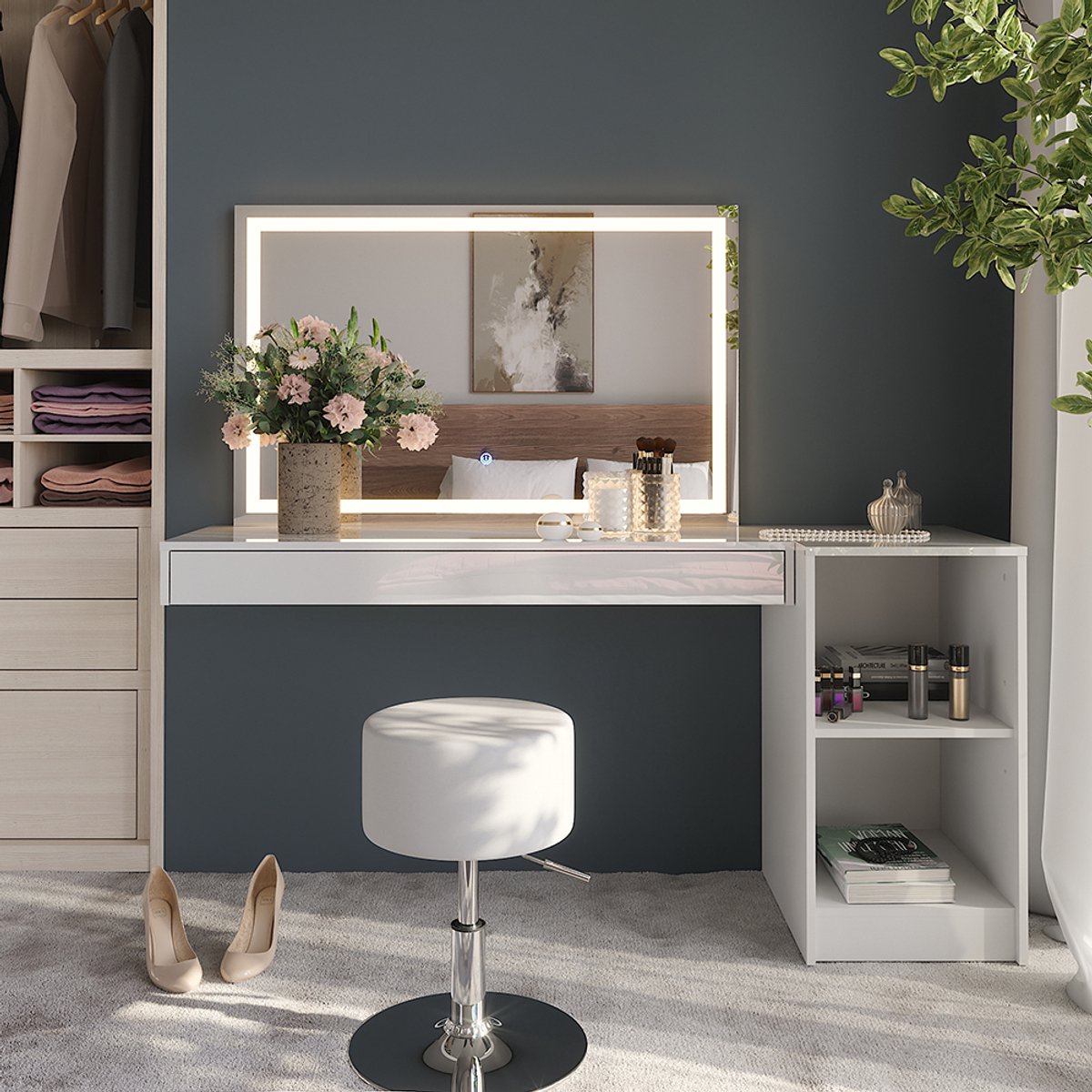Vicco Kaptafel set met kruk Sherry, Wit, 160.2 cm met LED-spiegel, kruk en open rek
