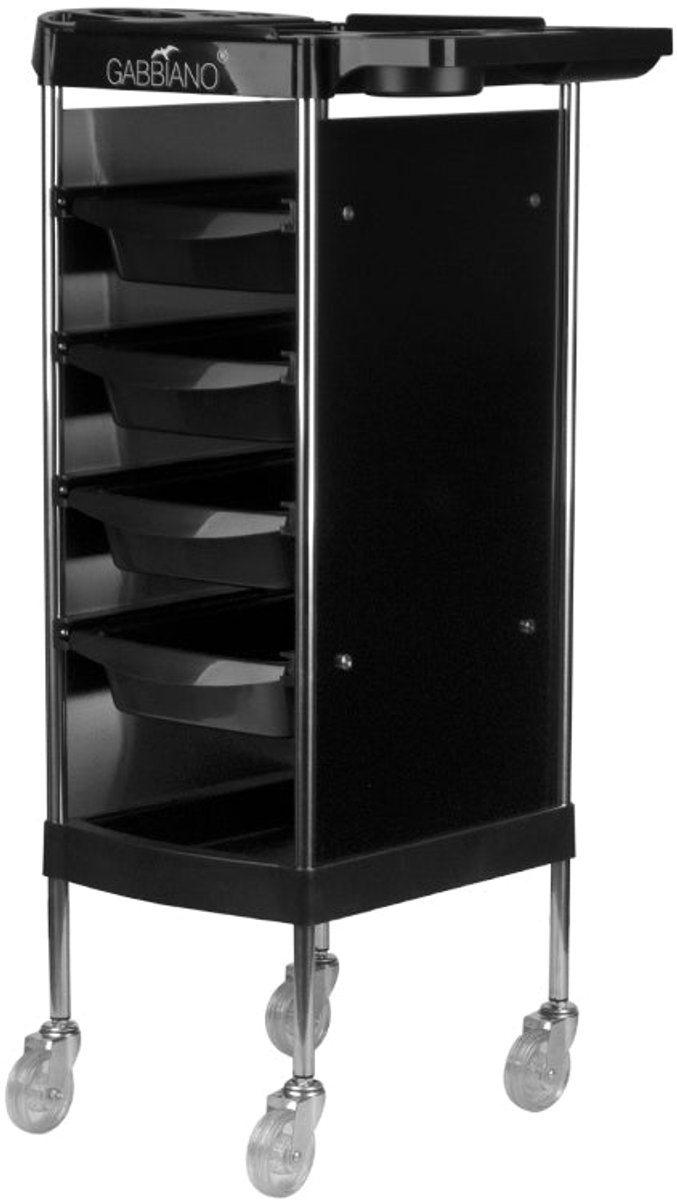 Gabbiano Kappersassistent FX11-B – Professionele Kapperswagen Met 4 Trays En Föhnhouder – Verrijdbare Salon Trolley Op Wielen – Zwart