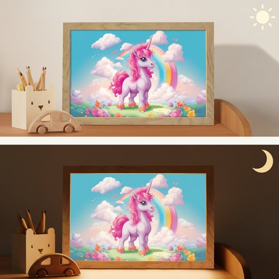 Nachtlampje 30x20 cm - Kinder lamp - Unicorn - Meisjes - Bloemen - Regenboog - Eenhoorn - Tafellamp kinderkamer - Slaapkamer lamp - Bedlamp kinderen - Kinderlampje stopcontact - Wandlamp babykamer - Nachtlampjes van Merkloos — afbeelding 4