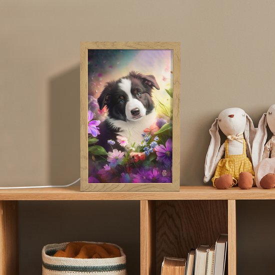 Nachtlampje 20x30 cm - Kinder lamp - Puppy - Zon - Bloemen - Natuur - Bordercollie - Hond - Tafellamp kinderkamer - Slaapkamer lamp - Bedlamp kinderen - Kinderlampje stopcontact - Wandlamp babykamer - Nachtlampjes van Merkloos — afbeelding 3