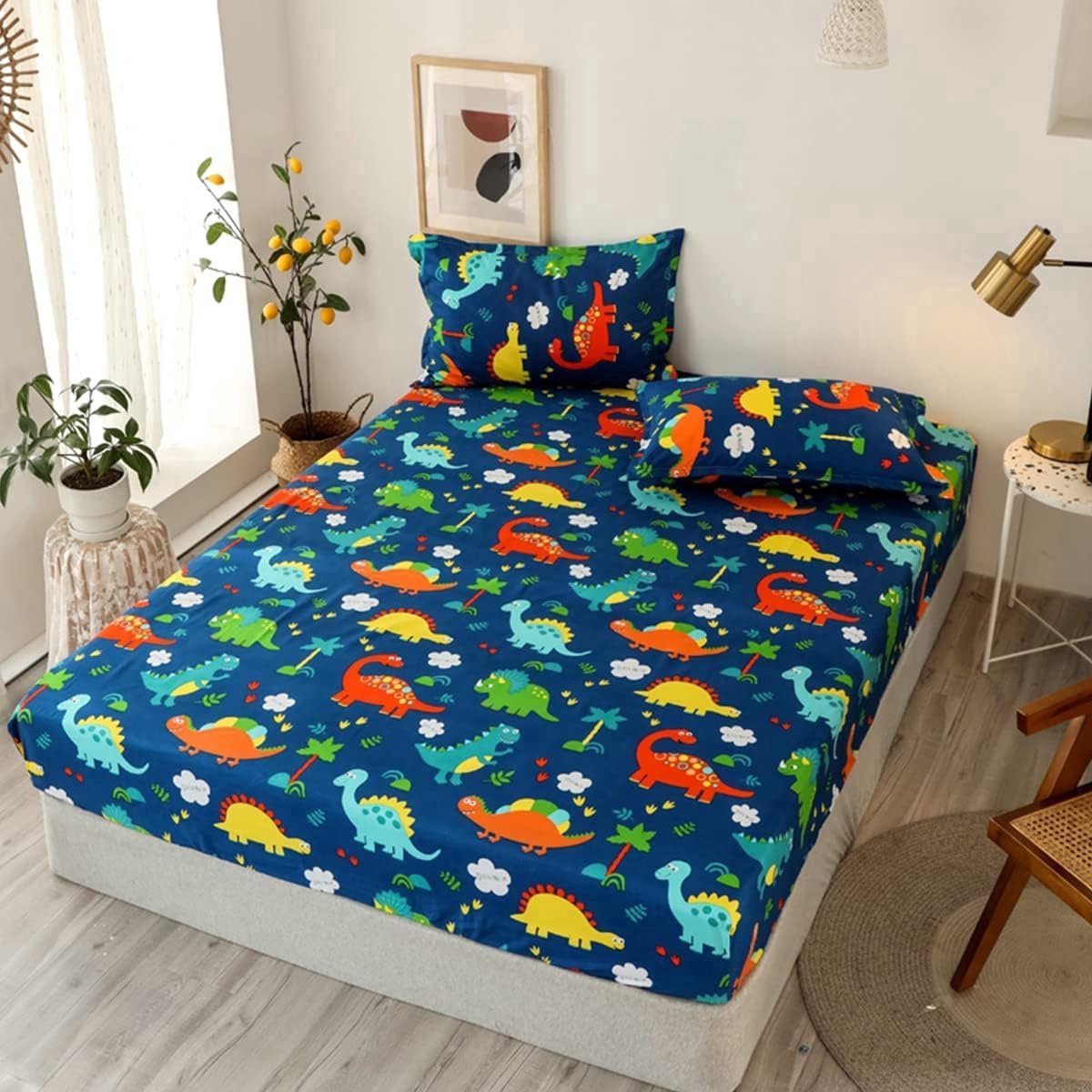 Stunq® Hoeslaken 160x200 cm Kids Matrasbeschermer hoeslaken, blauw cartoon dinosaurus patroon bedlaken microvezel hoeslaken voor boxspringbed, matras tot 30 cm hoogte